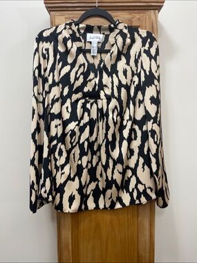 Joseph Ribkoff Black/Cream Animal Print V-Neck Long Sleeve Blouse Size 10 NWT
